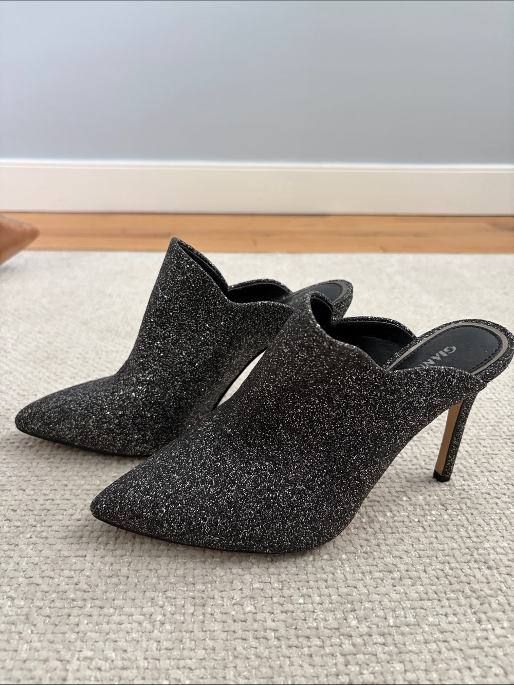 Gianni Bini Black Glitter Pointed-Toe Mule Booties